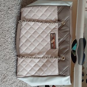 Pink, beige, and brown faux leather purse